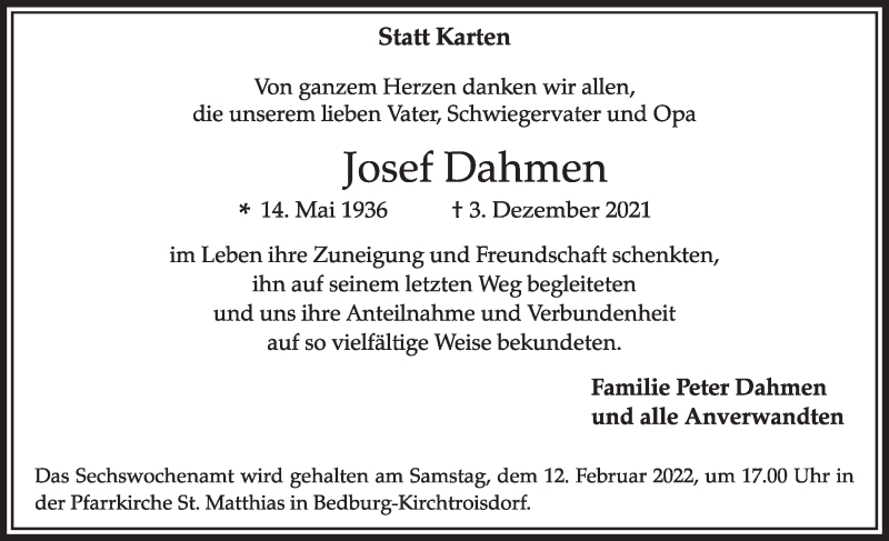  Traueranzeige für Josef Dahmen vom 04.02.2022 aus  Werbepost 