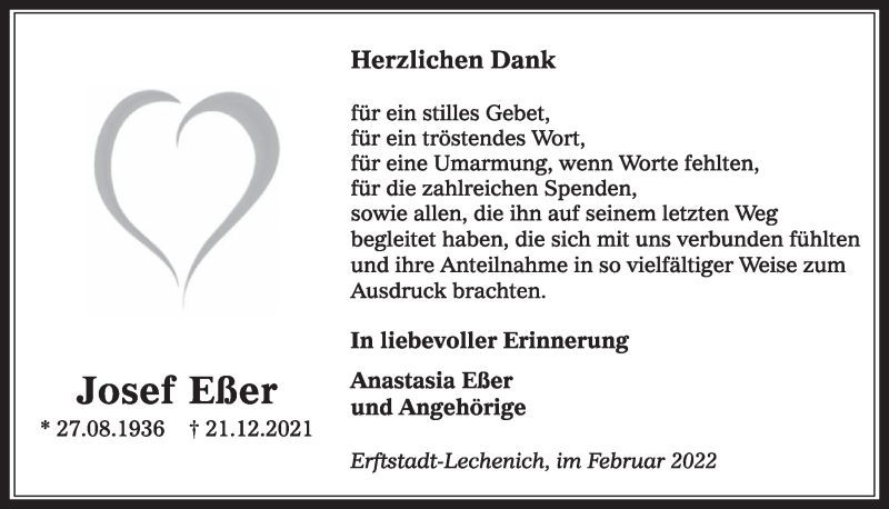  Traueranzeige für Josef Eßer vom 11.02.2022 aus  Werbepost 