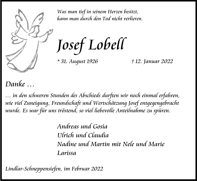  Traueranzeige für Josef Lobell vom 19.02.2022 aus Kölner Stadt-Anzeiger / Kölnische Rundschau / Express