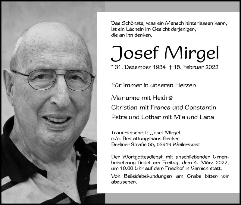  Traueranzeige für Josef Mirgel vom 19.02.2022 aus Kölner Stadt-Anzeiger / Kölnische Rundschau / Express