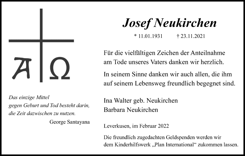  Traueranzeige für Josef Neukirchen vom 26.02.2022 aus Kölner Stadt-Anzeiger / Kölnische Rundschau / Express