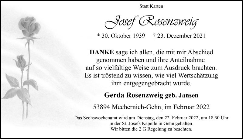  Traueranzeige für Josef Rosenzweig vom 12.02.2022 aus  Blickpunkt Euskirchen 