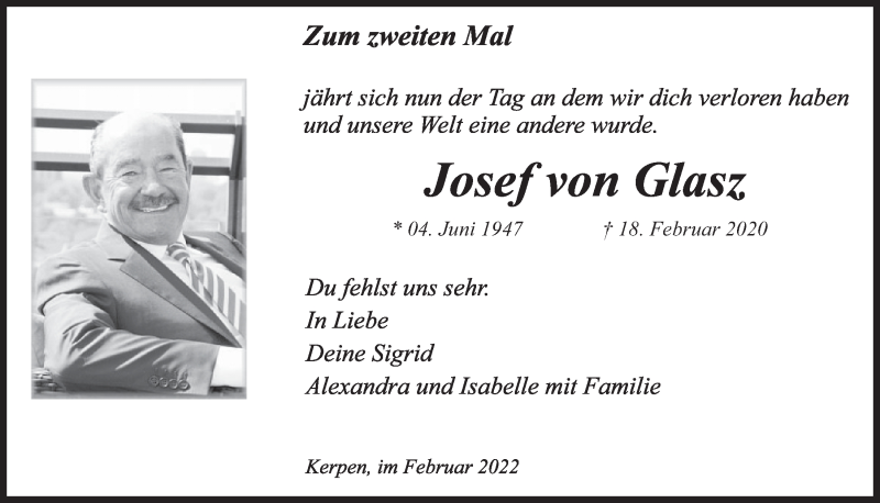  Traueranzeige für Josef von Glasz vom 18.02.2022 aus  Werbepost 