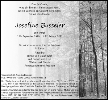 Anzeige von Josefine Busseler von Kölner Stadt-Anzeiger / Kölnische Rundschau / Express