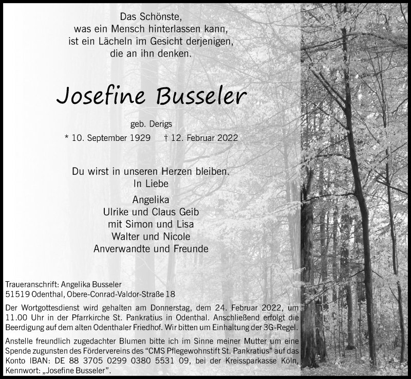  Traueranzeige für Josefine Busseler vom 19.02.2022 aus Kölner Stadt-Anzeiger / Kölnische Rundschau / Express
