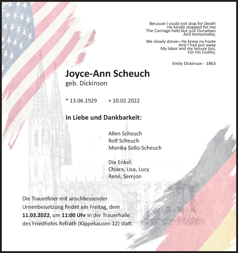  Traueranzeige für Joyce-Ann Scheuch vom 26.02.2022 aus Kölner Stadt-Anzeiger / Kölnische Rundschau / Express
