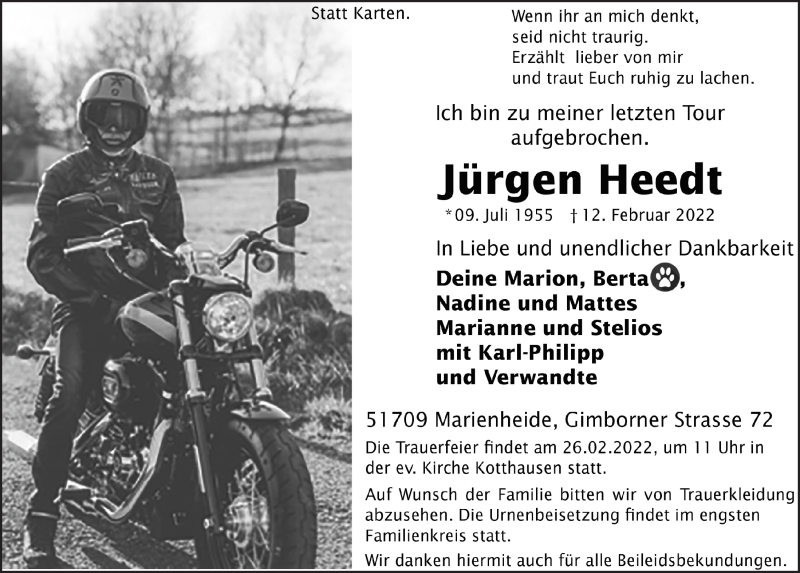  Traueranzeige für Jürgen Heedt vom 18.02.2022 aus  Anzeigen Echo  Lokalanzeiger 