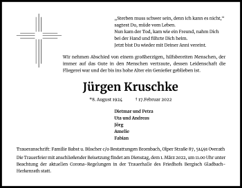 Anzeige von Jürgen Kruschke von Kölner Stadt-Anzeiger / Kölnische Rundschau / Express