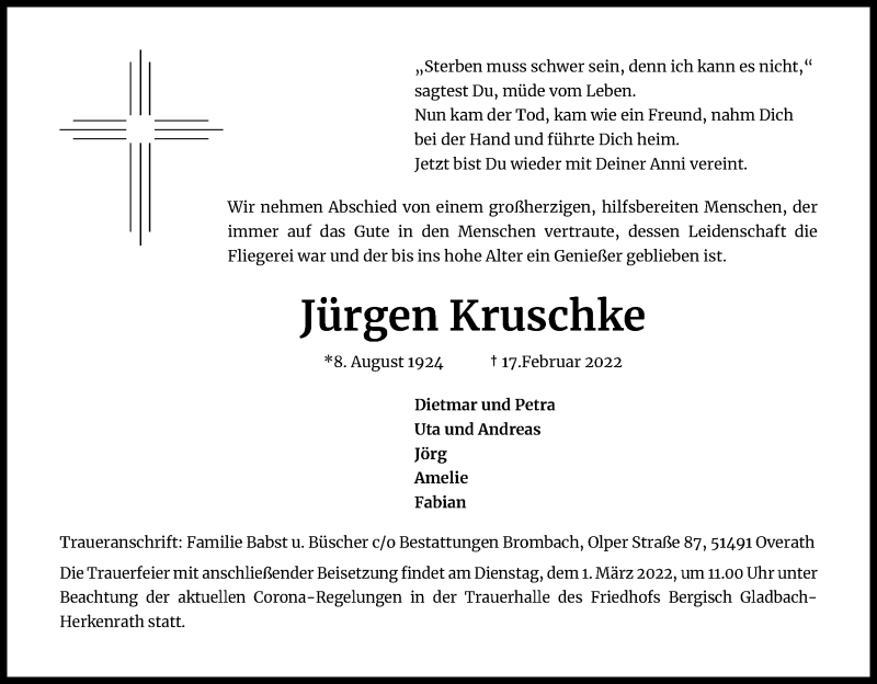  Traueranzeige für Jürgen Kruschke vom 26.02.2022 aus Kölner Stadt-Anzeiger / Kölnische Rundschau / Express