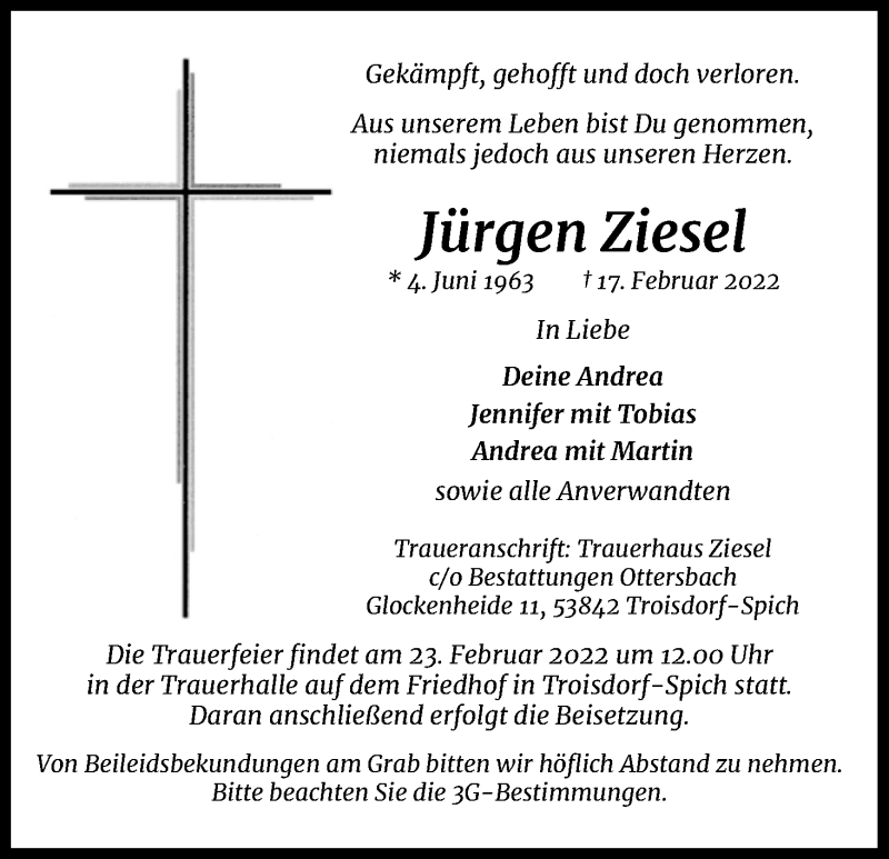  Traueranzeige für Jürgen Ziesel vom 21.02.2022 aus Kölner Stadt-Anzeiger / Kölnische Rundschau / Express