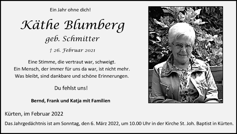  Traueranzeige für Käthe Blumberg vom 26.02.2022 aus Kölner Stadt-Anzeiger / Kölnische Rundschau / Express