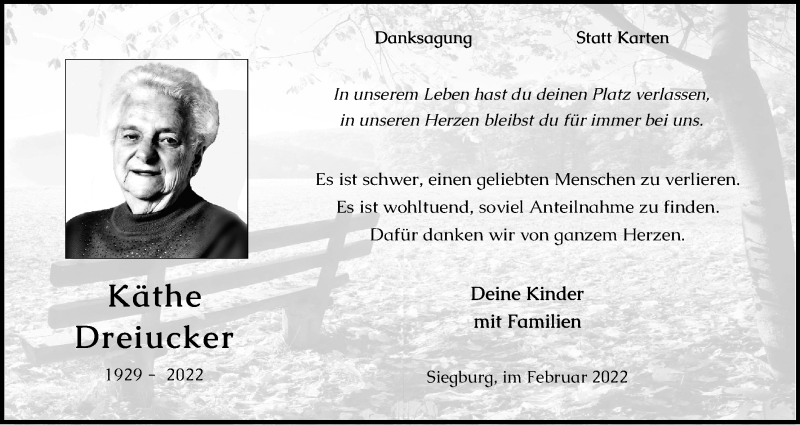  Traueranzeige für Käthe Dreiucker vom 19.02.2022 aus Kölner Stadt-Anzeiger / Kölnische Rundschau / Express