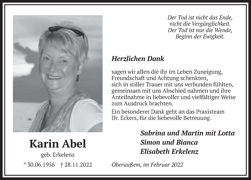  Traueranzeige für Karin Abel vom 18.02.2022 aus  Werbepost 