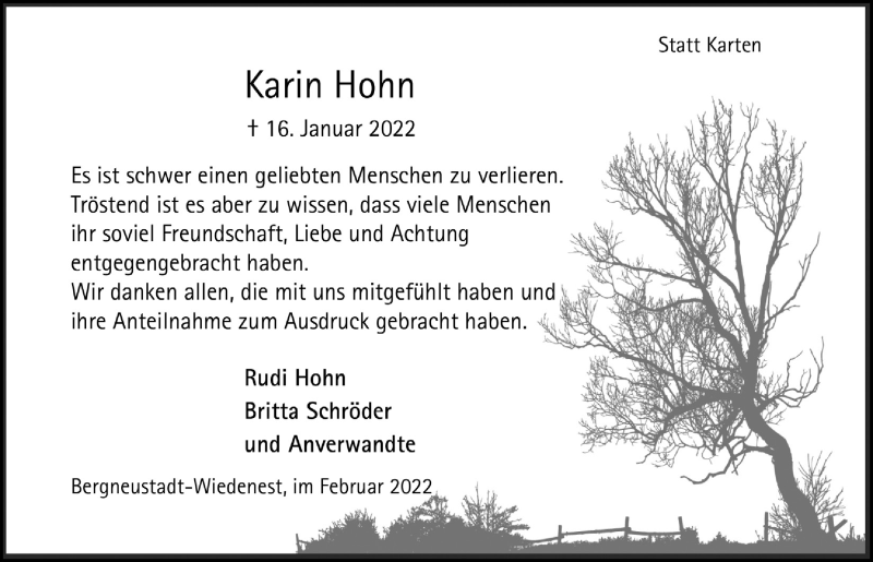  Traueranzeige für Karin Hohn vom 25.02.2022 aus  Anzeigen Echo 