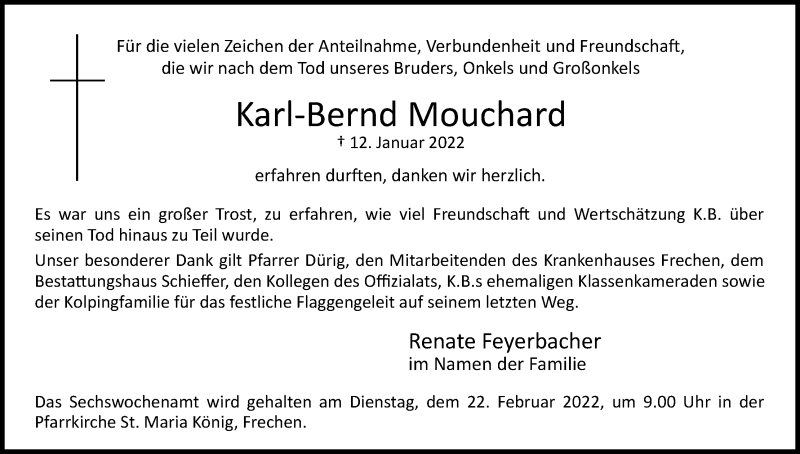  Traueranzeige für Karl-Bernd Mouchard vom 19.02.2022 aus Kölner Stadt-Anzeiger / Kölnische Rundschau / Express