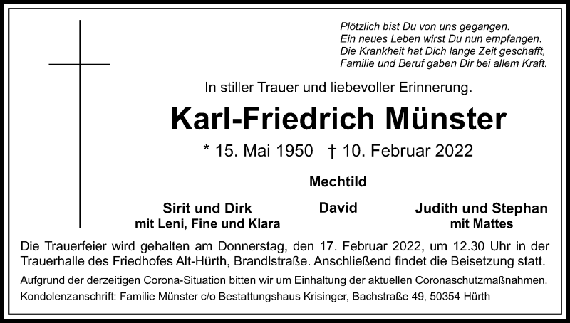  Traueranzeige für Karl-Friedrich Münster vom 15.02.2022 aus Kölner Stadt-Anzeiger / Kölnische Rundschau / Express