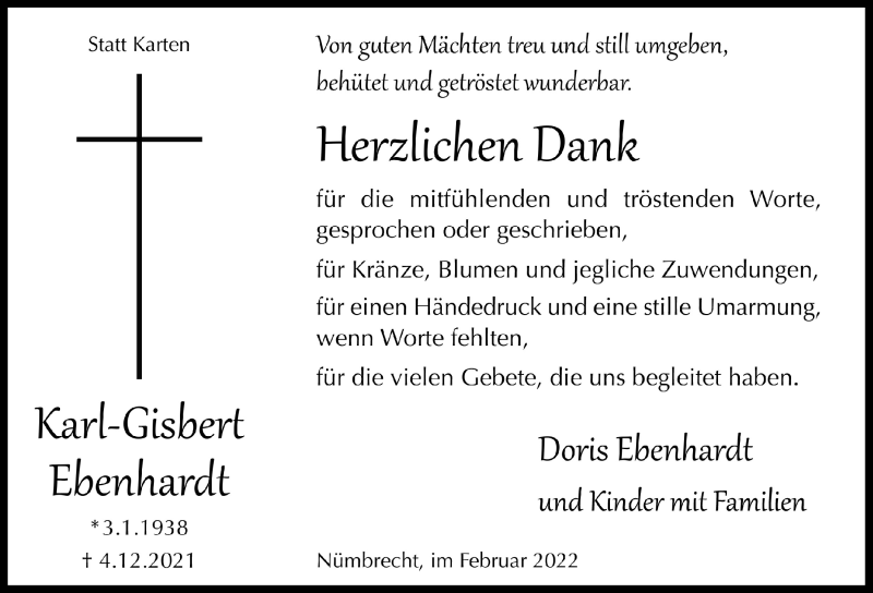  Traueranzeige für Karl-Gisbert Ebenhardt vom 11.02.2022 aus  Lokalanzeiger 