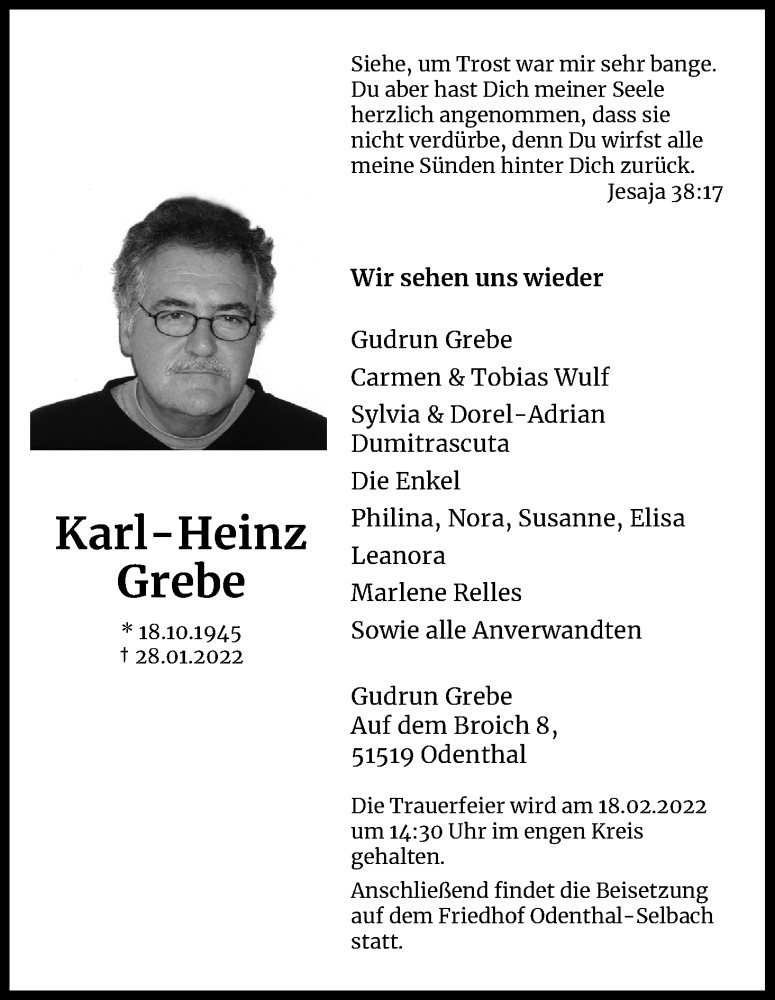  Traueranzeige für Karl-Heinz Grebe vom 12.02.2022 aus Kölner Stadt-Anzeiger / Kölnische Rundschau / Express