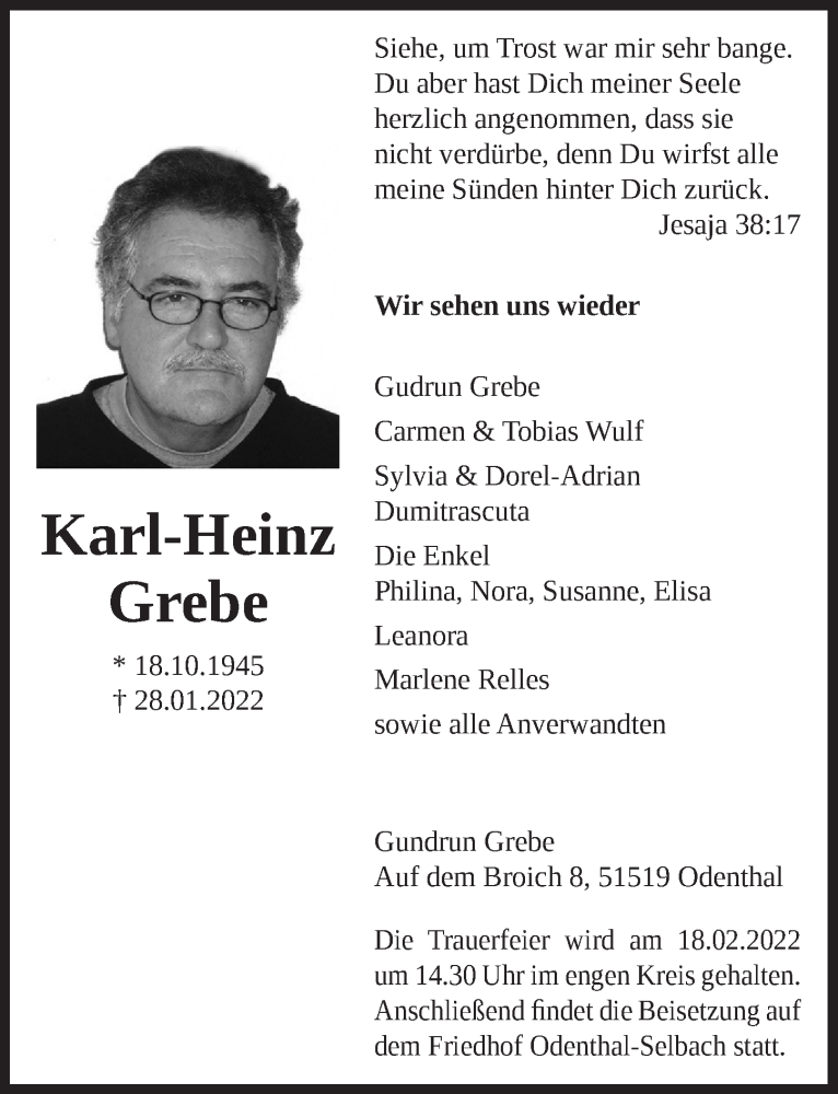  Traueranzeige für Karl-Heinz Grebe vom 18.02.2022 aus  Bergisches Handelsblatt 