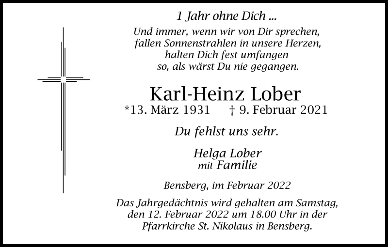  Traueranzeige für Karl-Heinz Lober vom 05.02.2022 aus Kölner Stadt-Anzeiger / Kölnische Rundschau / Express
