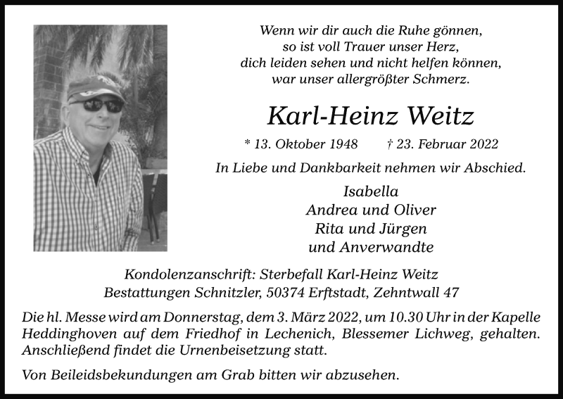  Traueranzeige für Karl-Heinz Weitz vom 26.02.2022 aus Kölner Stadt-Anzeiger / Kölnische Rundschau / Express