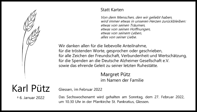  Traueranzeige für Karl Pütz vom 19.02.2022 aus Kölner Stadt-Anzeiger / Kölnische Rundschau / Express