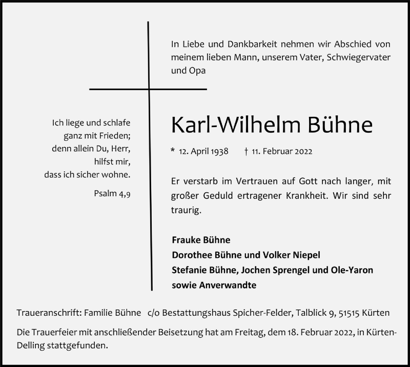  Traueranzeige für Karl-Wilhelm Bühne vom 18.02.2022 aus  Bergisches Handelsblatt 