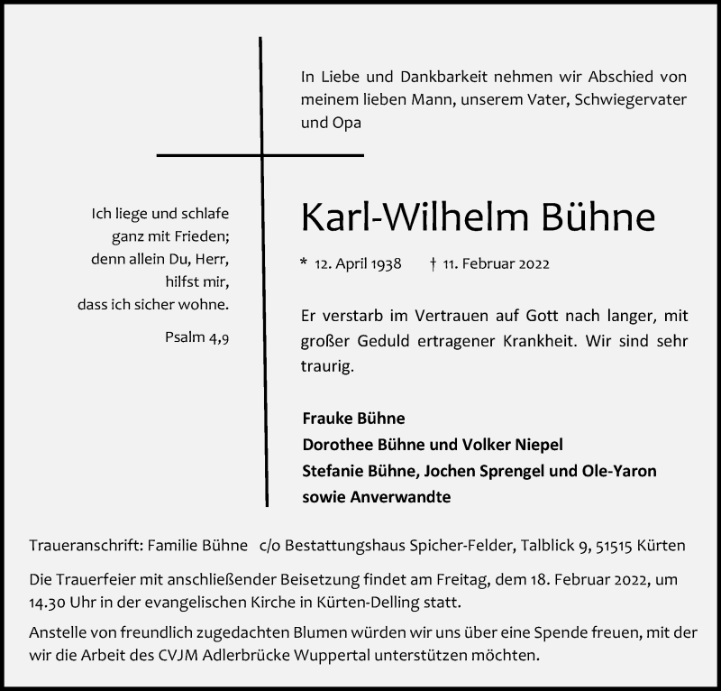  Traueranzeige für Karl-Wilhelm Bühne vom 16.02.2022 aus Kölner Stadt-Anzeiger / Kölnische Rundschau / Express