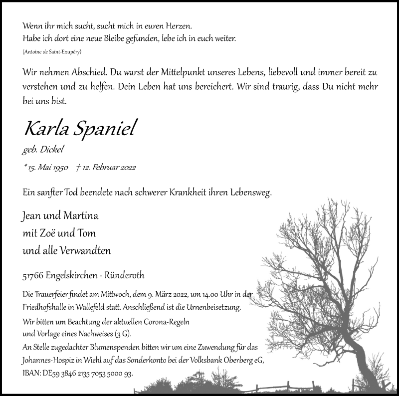  Traueranzeige für Karla Spaniel vom 19.02.2022 aus Kölner Stadt-Anzeiger / Kölnische Rundschau / Express