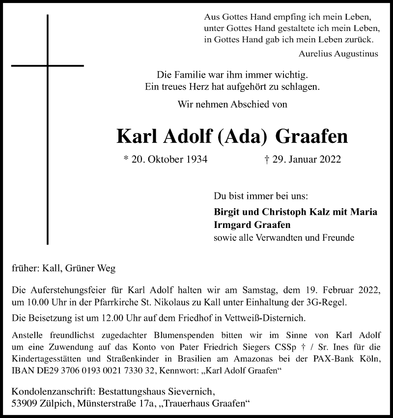  Traueranzeige für Karl Adolf Graafen vom 05.02.2022 aus Kölner Stadt-Anzeiger / Kölnische Rundschau / Express