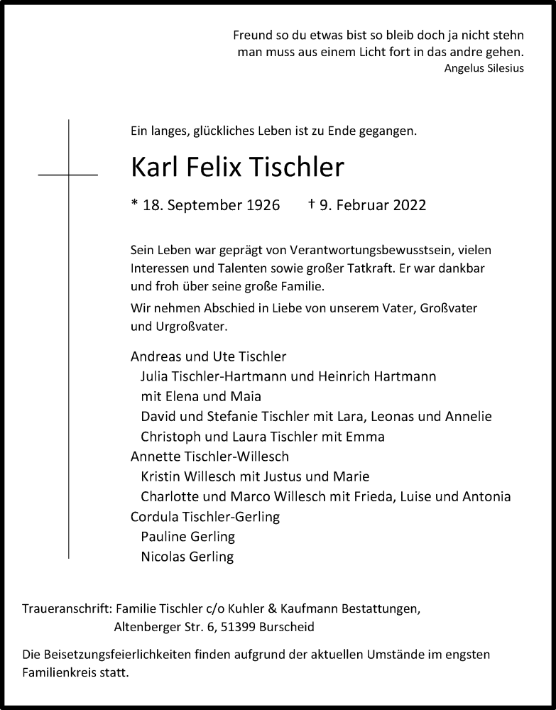  Traueranzeige für Karl Felix Tischler vom 12.02.2022 aus Kölner Stadt-Anzeiger / Kölnische Rundschau / Express
