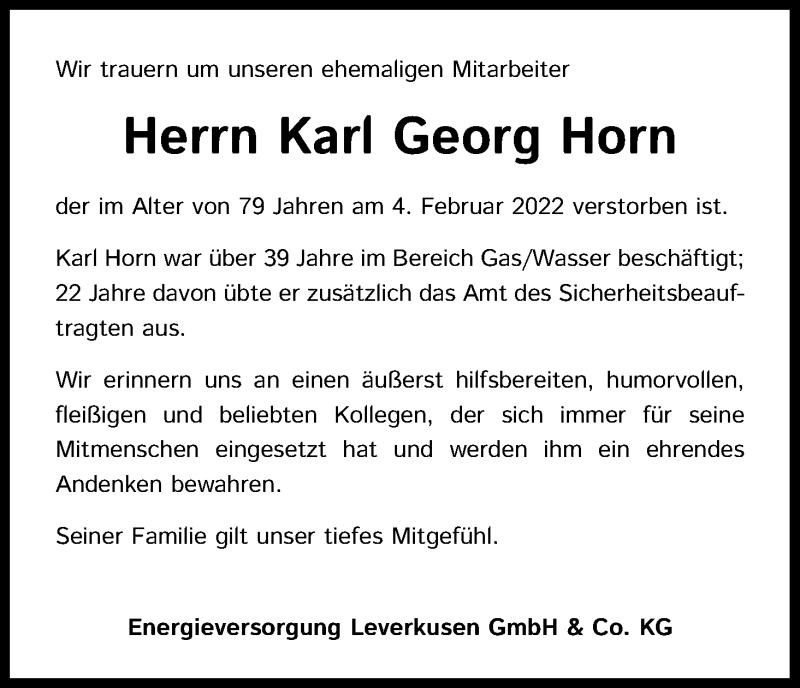  Traueranzeige für Karl Georg Horn vom 19.02.2022 aus Kölner Stadt-Anzeiger / Kölnische Rundschau / Express
