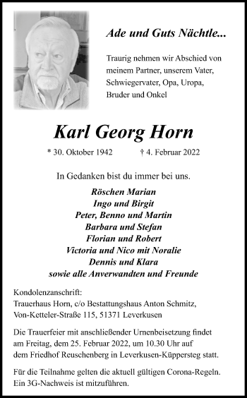 Anzeige von Karl Georg Horn von Kölner Stadt-Anzeiger / Kölnische Rundschau / Express