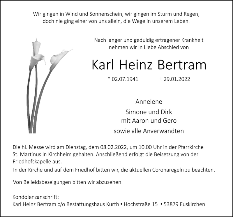  Traueranzeige für Karl Heinz Bertram vom 05.02.2022 aus  Blickpunkt Euskirchen 