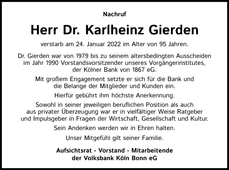  Traueranzeige für Karlheinz Gierden vom 04.02.2022 aus Kölner Stadt-Anzeiger / Kölnische Rundschau / Express