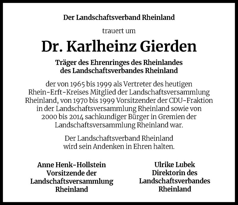  Traueranzeige für Karlheinz Gierden vom 05.02.2022 aus Kölner Stadt-Anzeiger / Kölnische Rundschau / Express