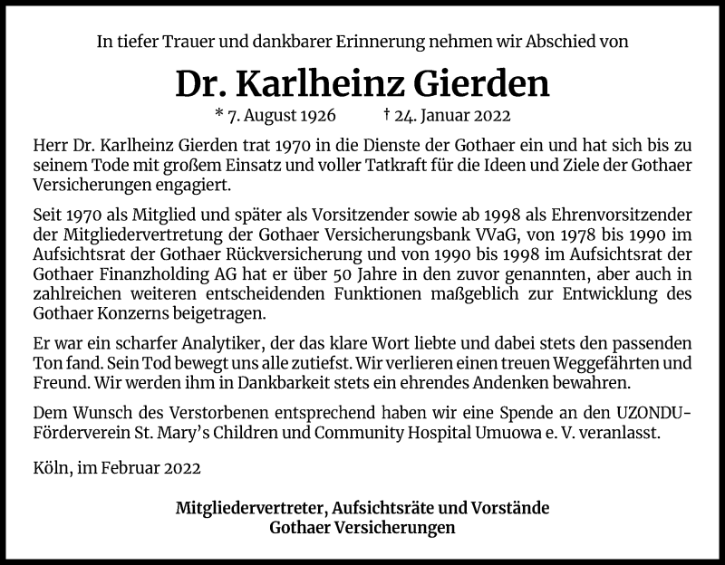  Traueranzeige für Karlheinz Gierden vom 05.02.2022 aus Kölner Stadt-Anzeiger / Kölnische Rundschau / Express