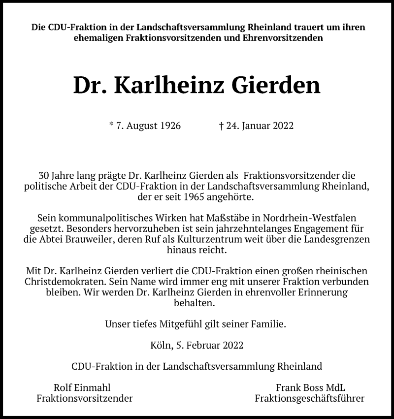  Traueranzeige für Karlheinz Gierden vom 05.02.2022 aus Kölner Stadt-Anzeiger / Kölnische Rundschau / Express