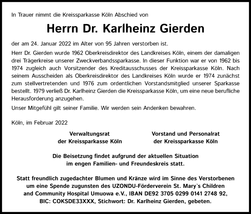  Traueranzeige für Karlheinz Gierden vom 05.02.2022 aus Kölner Stadt-Anzeiger / Kölnische Rundschau / Express