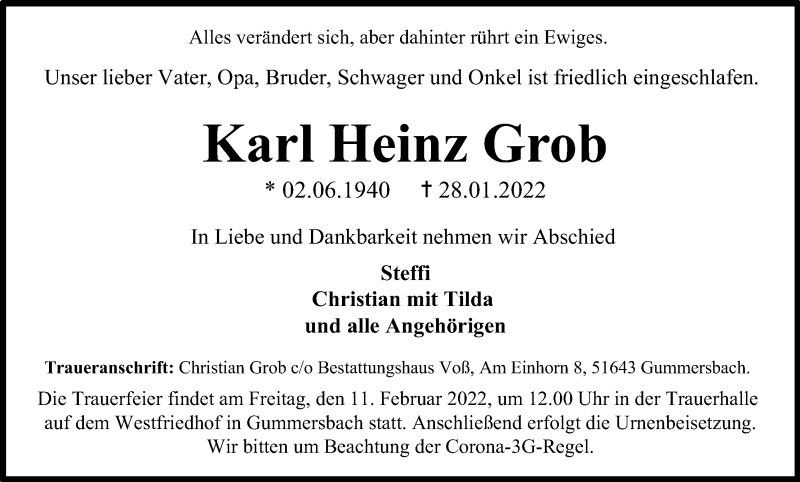  Traueranzeige für Karl Heinz Grob vom 05.02.2022 aus Kölner Stadt-Anzeiger / Kölnische Rundschau / Express