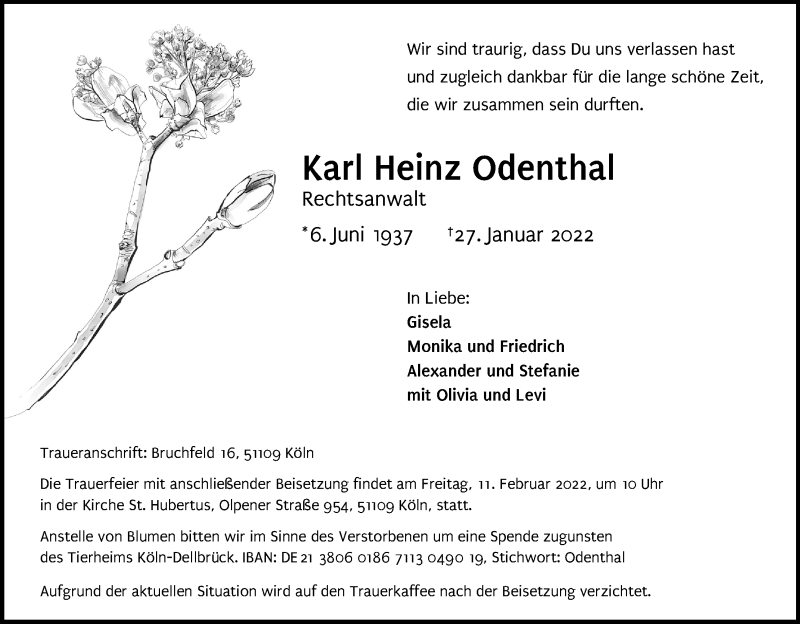  Traueranzeige für Karl Heinz Odenthal vom 05.02.2022 aus Kölner Stadt-Anzeiger / Kölnische Rundschau / Express