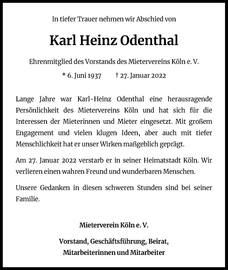  Traueranzeige für Karl Heinz Odenthal vom 05.02.2022 aus Kölner Stadt-Anzeiger / Kölnische Rundschau / Express