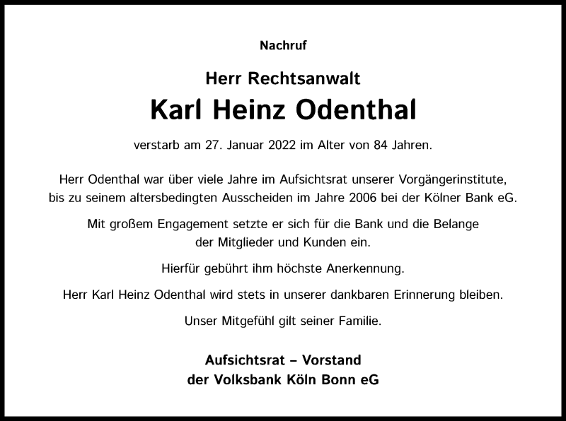  Traueranzeige für Karl Heinz Odenthal vom 11.02.2022 aus Kölner Stadt-Anzeiger / Kölnische Rundschau / Express