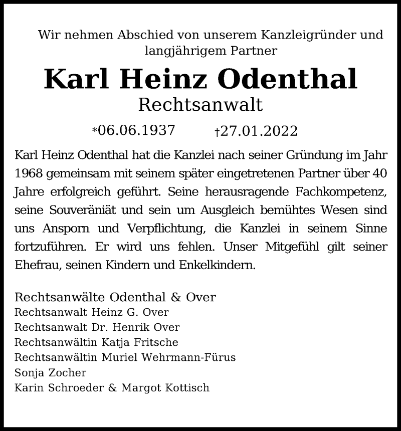  Traueranzeige für Karl Heinz Odenthal vom 05.02.2022 aus Kölner Stadt-Anzeiger / Kölnische Rundschau / Express