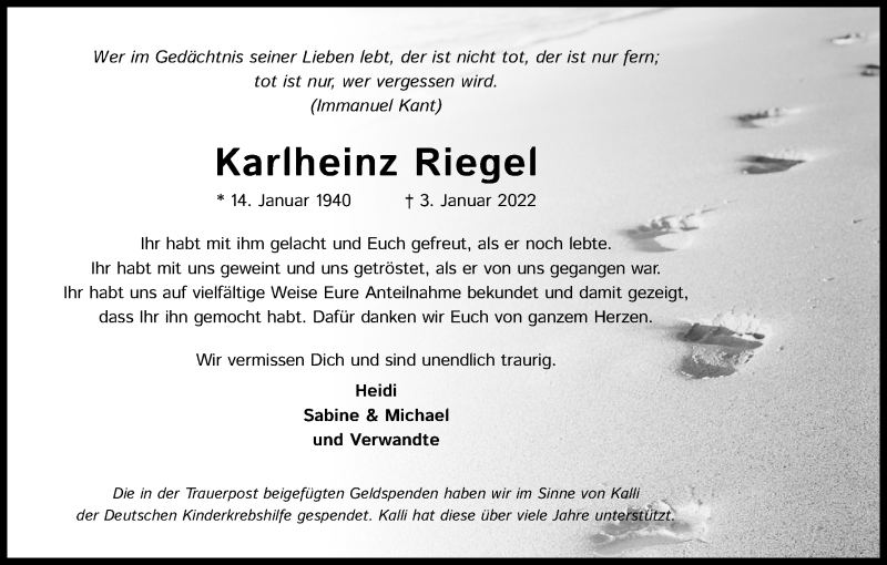  Traueranzeige für Karlheinz Riegel vom 26.02.2022 aus Kölner Stadt-Anzeiger / Kölnische Rundschau / Express