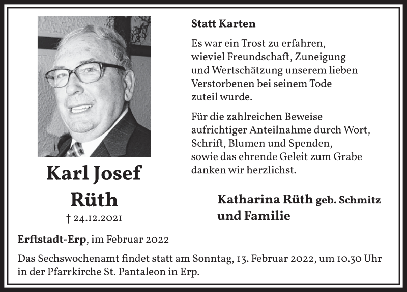  Traueranzeige für Karl Josef Rüth vom 04.02.2022 aus  Werbepost 