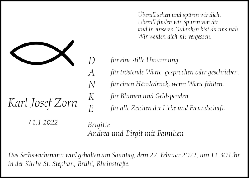  Traueranzeige für Karl Josef Zorn vom 18.02.2022 aus  Schlossbote/Werbekurier 