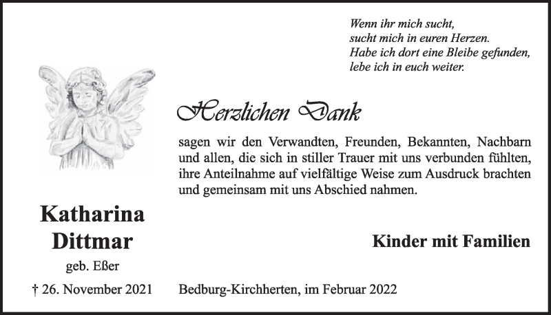  Traueranzeige für Katharina Dittmar vom 11.02.2022 aus  Werbepost 