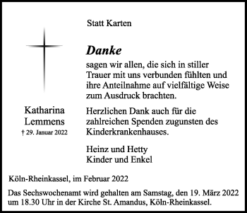 Anzeige von Katharina Lemmens von Kölner Stadt-Anzeiger / Kölnische Rundschau / Express