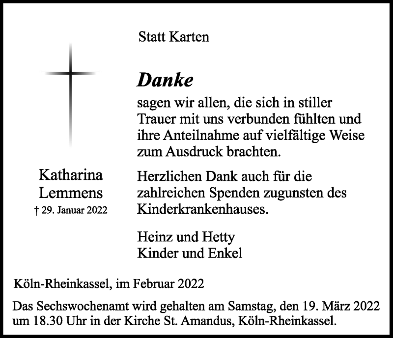  Traueranzeige für Katharina Lemmens vom 26.02.2022 aus Kölner Stadt-Anzeiger / Kölnische Rundschau / Express